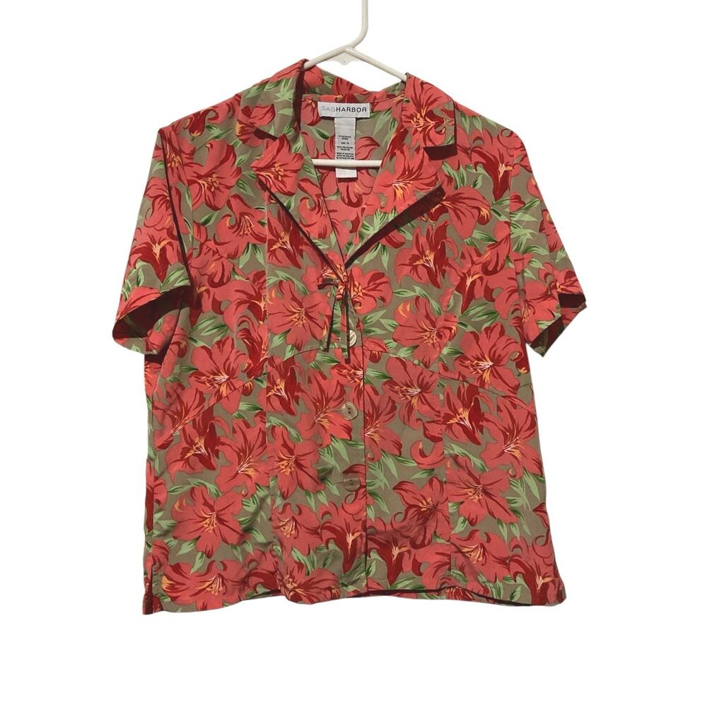 Sag Harbor Women’s Hawaiian Top Size 12 Button Up Shirt Blouse Pink Floral